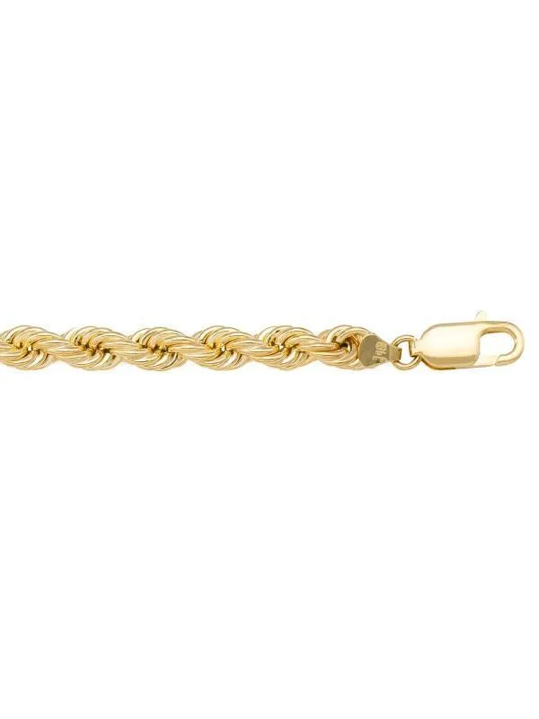 10, 14 Karat Yellow Gold Hollow Rope 6.0 mm Italian Bracelet