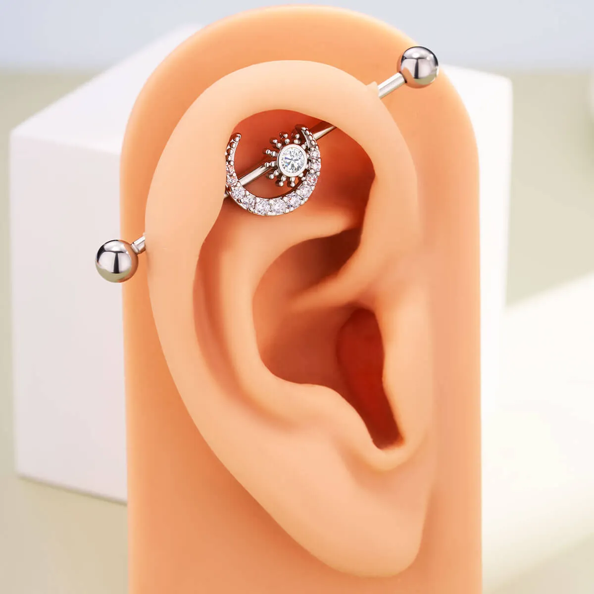 14G Clear CZ Moon and Sun Industrial Barbell