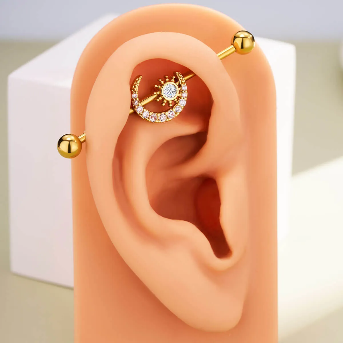 14G Clear CZ Moon and Sun Industrial Barbell