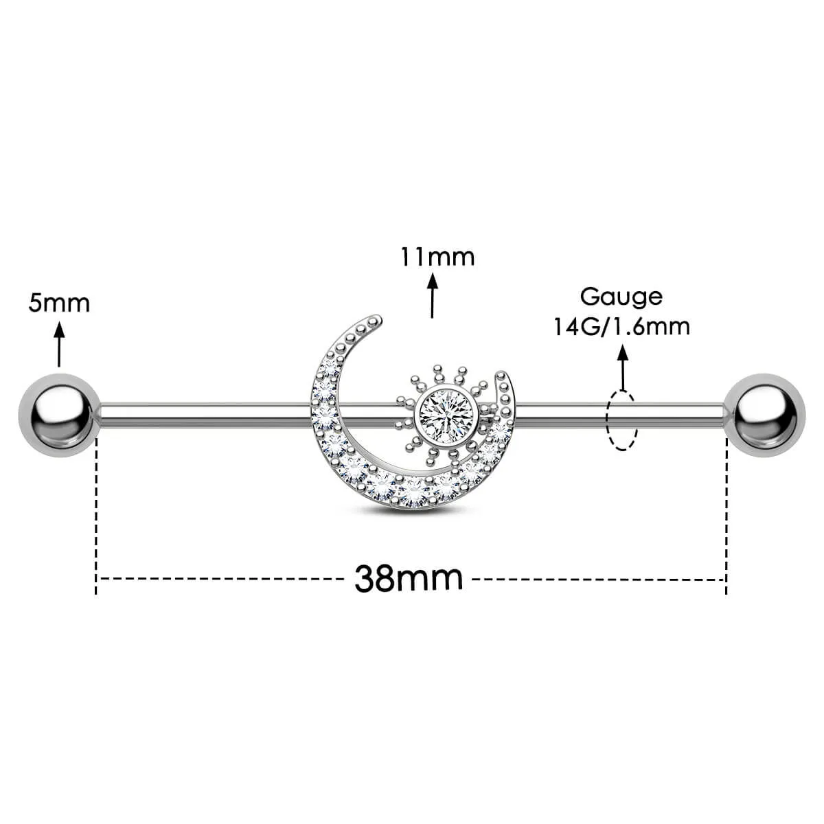 14G Clear CZ Moon and Sun Industrial Barbell