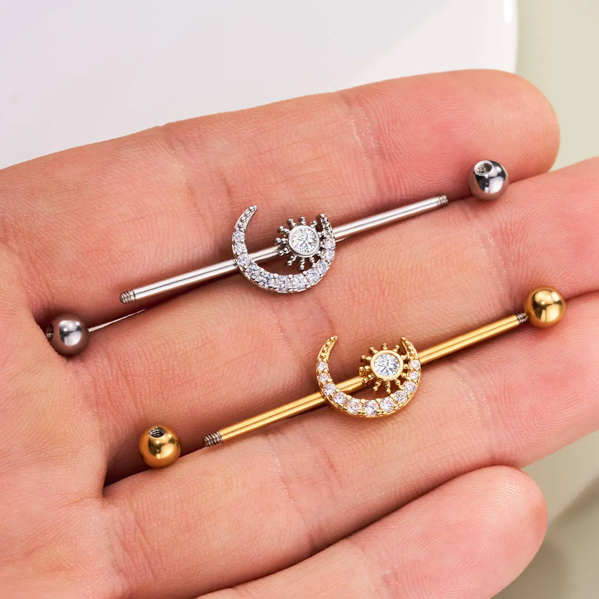 14G Clear CZ Moon and Sun Industrial Barbell