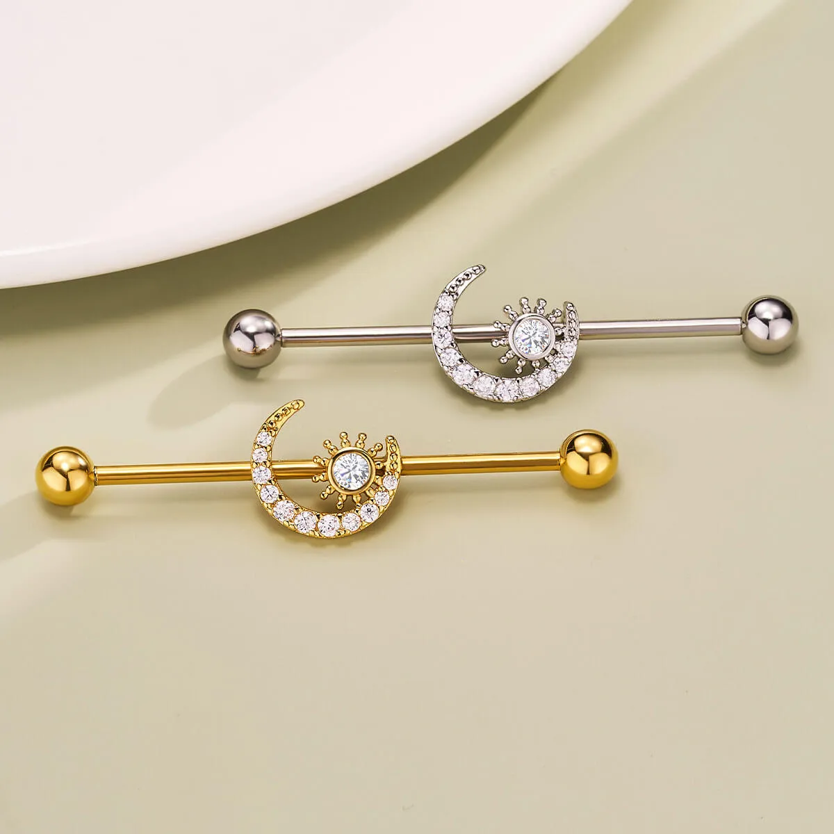14G Clear CZ Moon and Sun Industrial Barbell