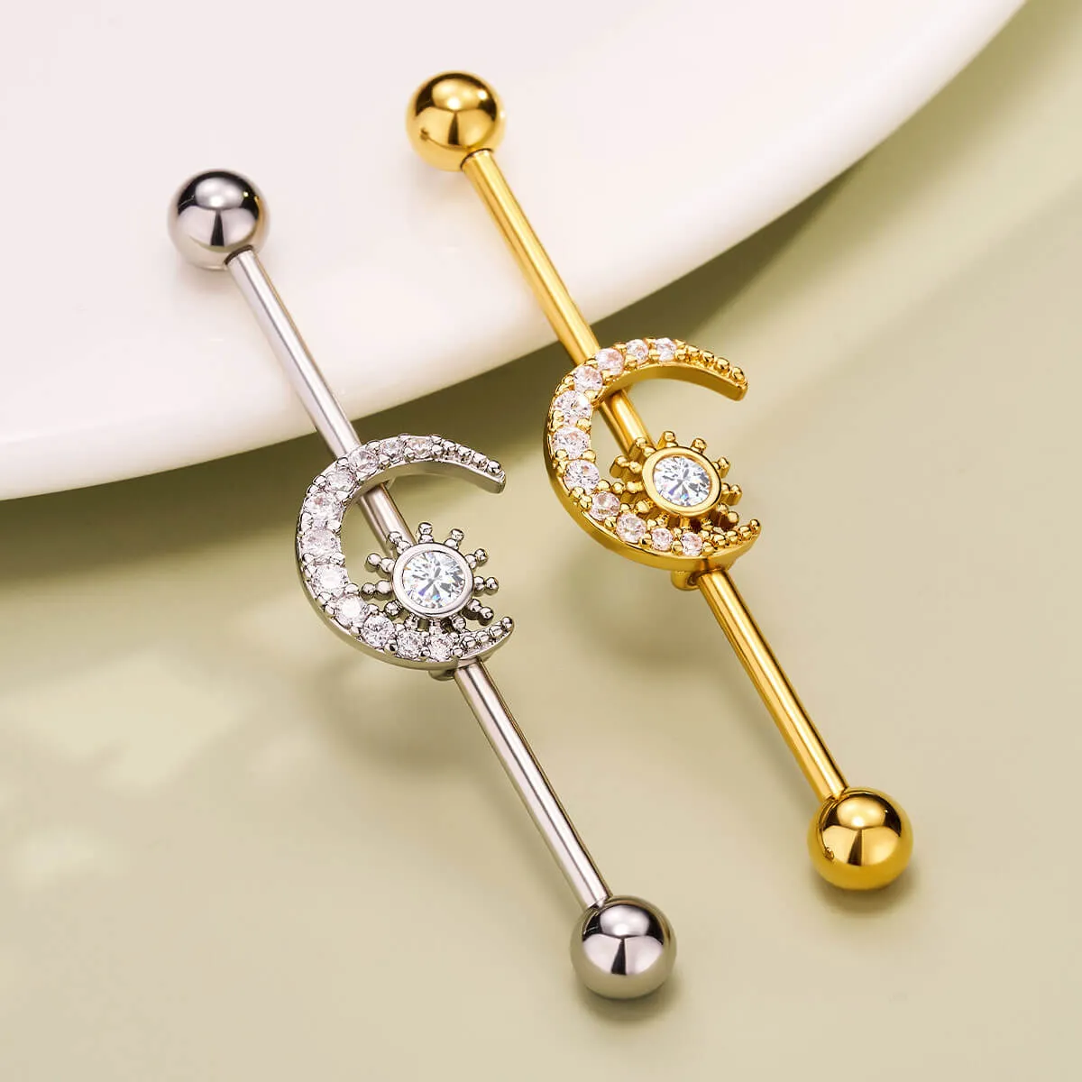 14G Clear CZ Moon and Sun Industrial Barbell