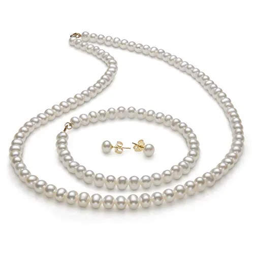 14K Gold 5.0-6.0mm Freshwater Pearl Necklace Bracelet Stud Earring Set,18"