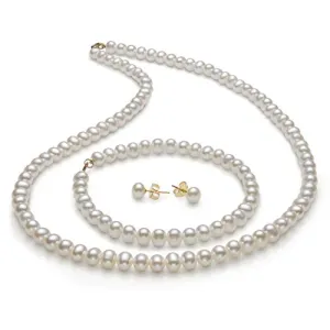 14K Gold 5.0-6.0mm Freshwater Pearl Necklace Bracelet Stud Earring Set,18"