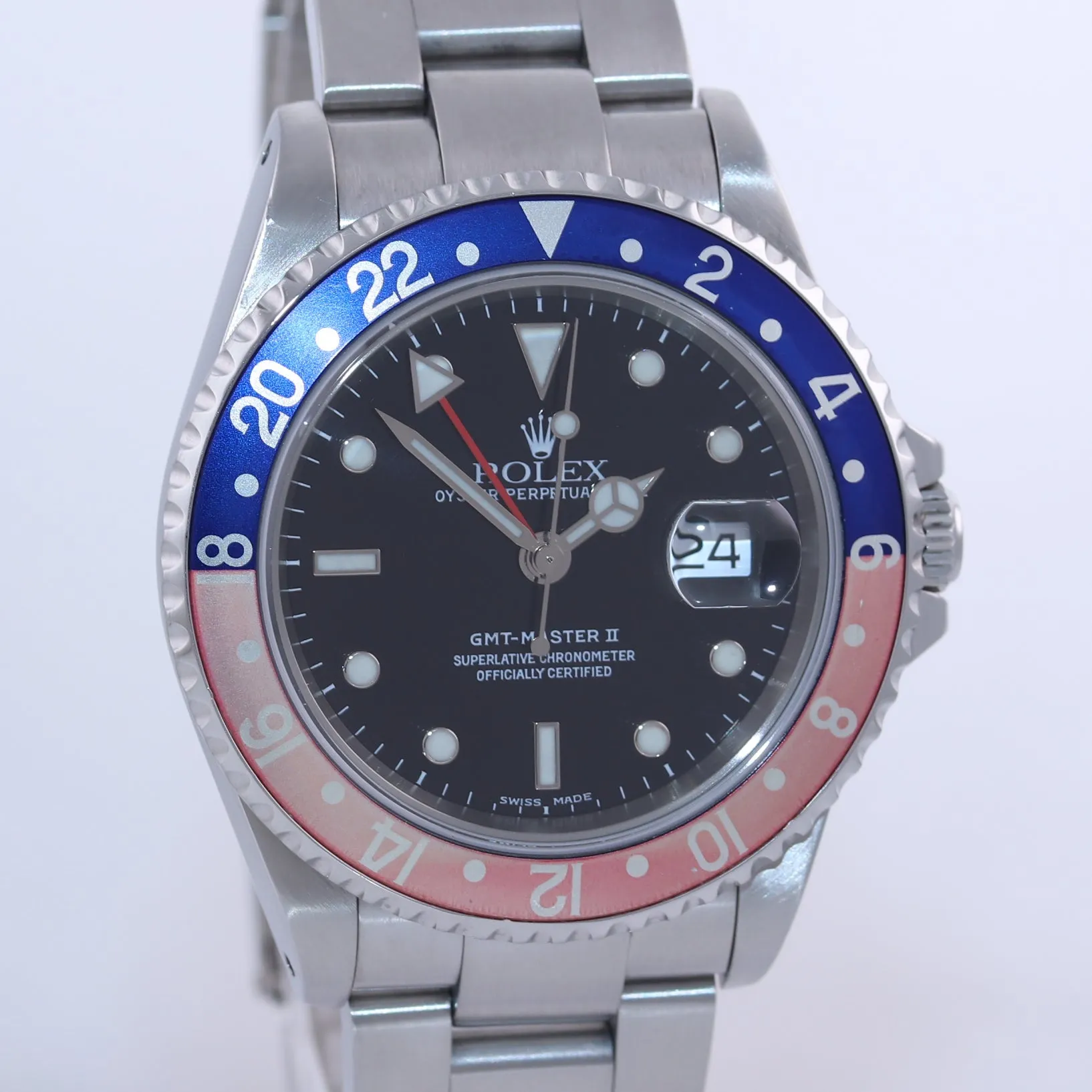 2002 PAPERS Rolex GMT-Master 2 Pepsi Blue Red Steel SEL Holes 16710 40mm Watch