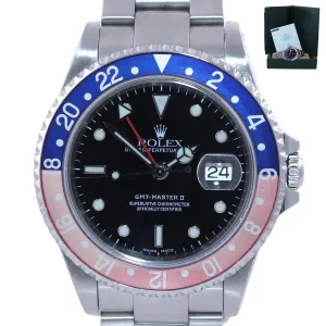 2002 PAPERS Rolex GMT-Master 2 Pepsi Blue Red Steel SEL Holes 16710 40mm Watch