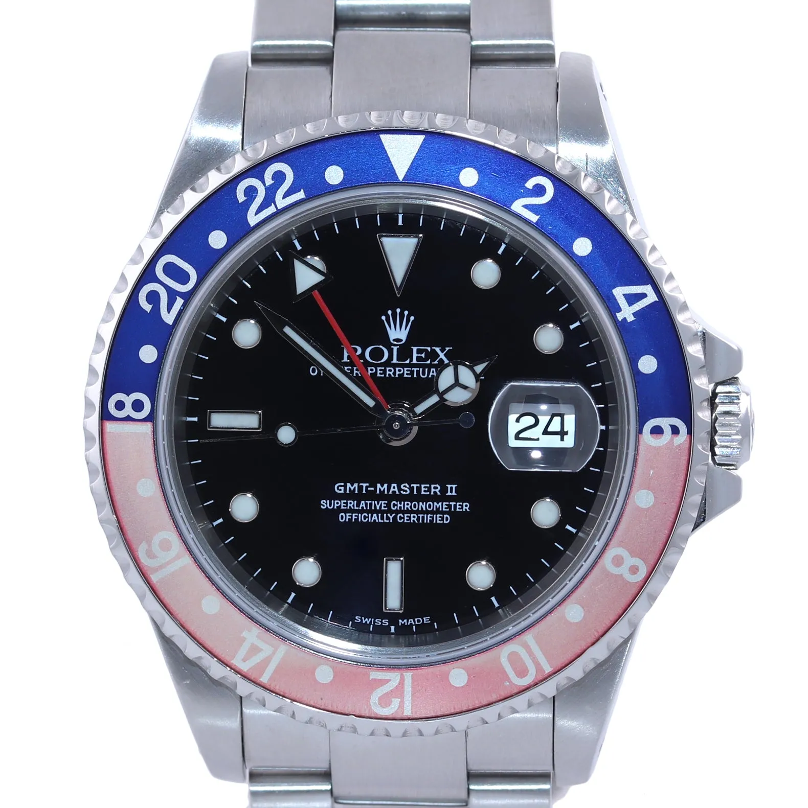 2002 PAPERS Rolex GMT-Master 2 Pepsi Blue Red Steel SEL Holes 16710 40mm Watch