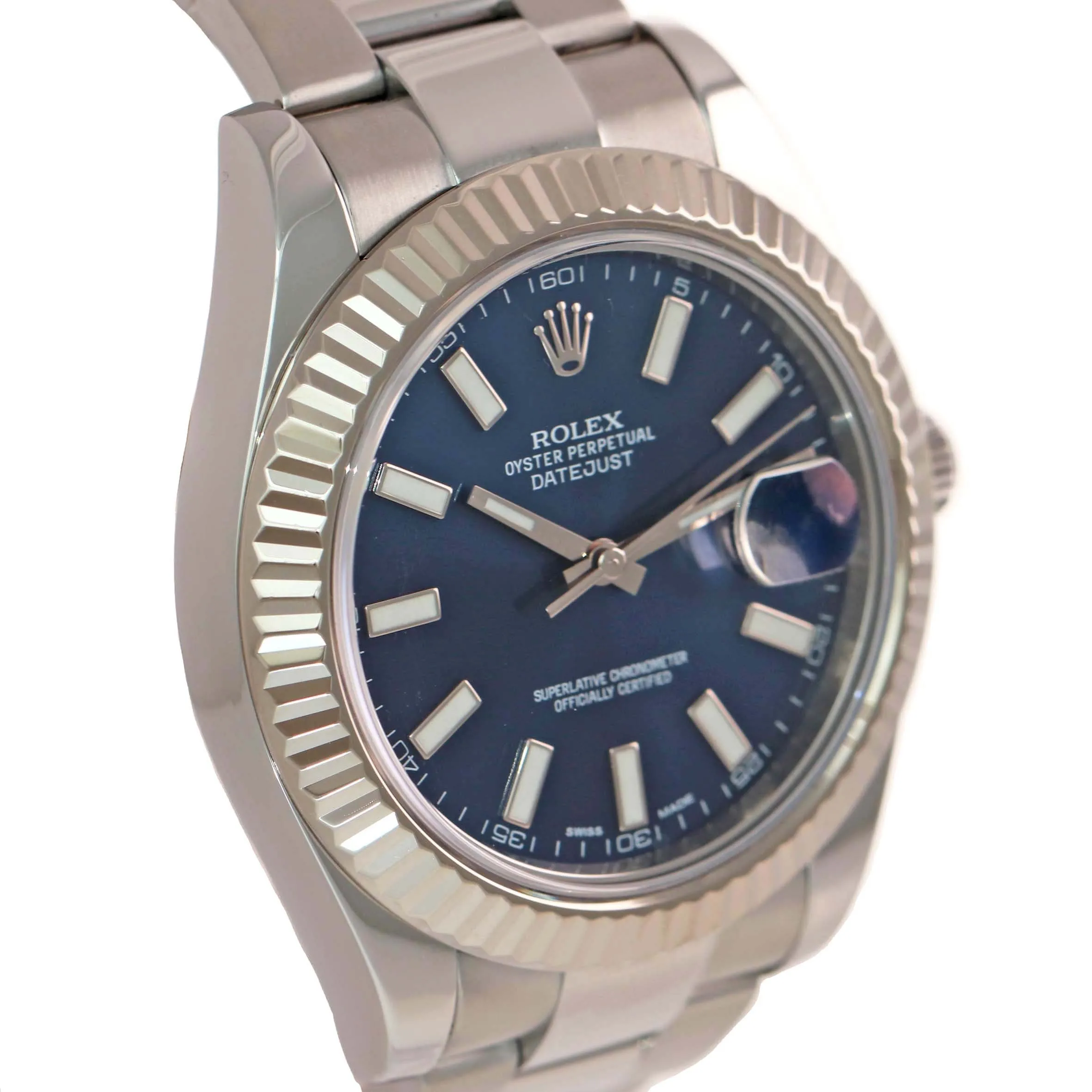 2016 Rolex Datejust 2 Blue Stick 41mm 18k White Gold Fluted Steel 116334 Watch
