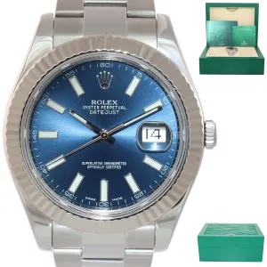 2016 Rolex Datejust 2 Blue Stick 41mm 18k White Gold Fluted Steel 116334 Watch