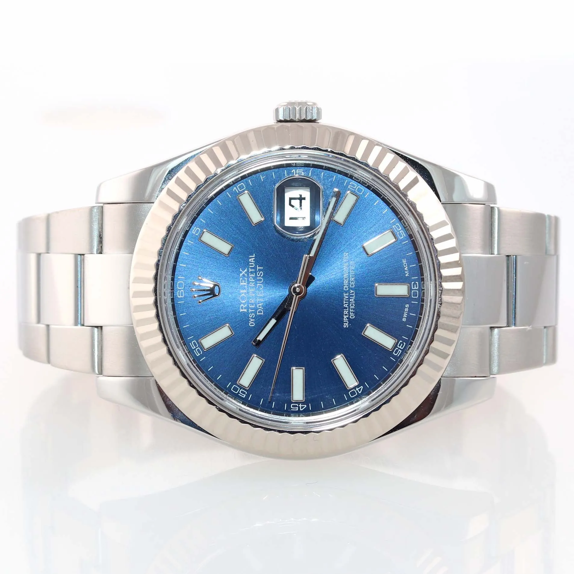 2016 Rolex Datejust 2 Blue Stick 41mm 18k White Gold Fluted Steel 116334 Watch