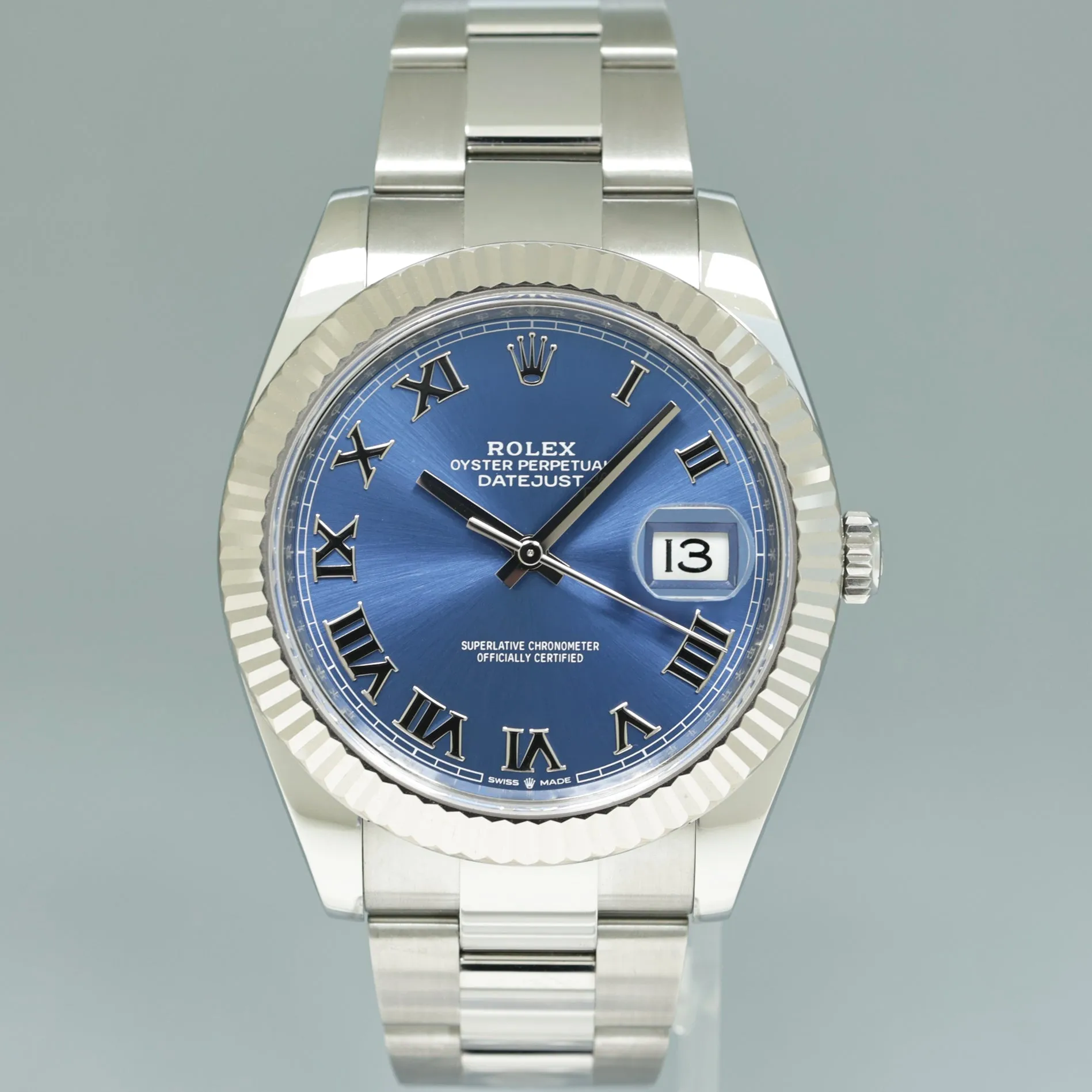 2023 NEW Rolex DateJust 41 Blue Roman Oyster White Gold Fluted 126334 Watch Box