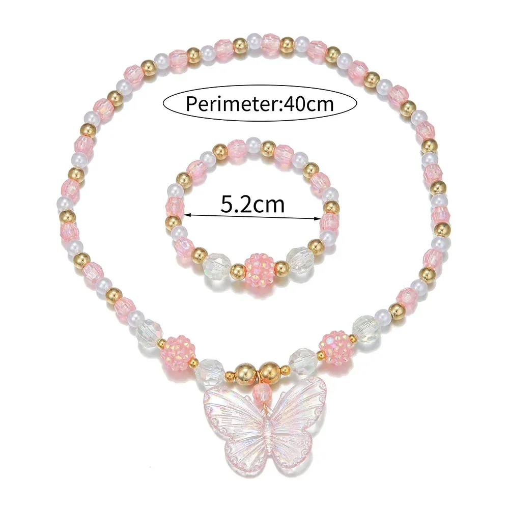 2Pcs/set Pink Butterfly Charm Necklace Bracelet Princess Girl Jewelry Set for Daughter Niece Children Best Party Birthday Gifts