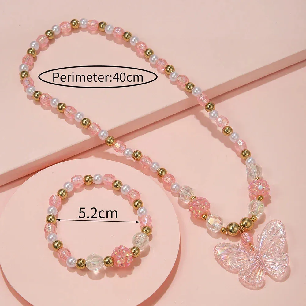 2Pcs/set Pink Butterfly Charm Necklace Bracelet Princess Girl Jewelry Set for Daughter Niece Children Best Party Birthday Gifts