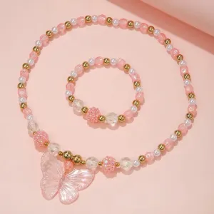 2Pcs/set Pink Butterfly Charm Necklace Bracelet Princess Girl Jewelry Set for Daughter Niece Children Best Party Birthday Gifts