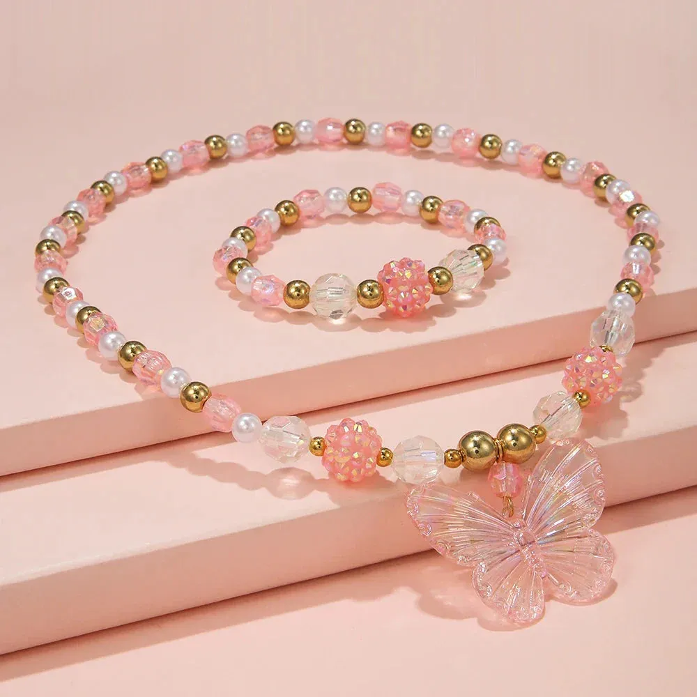 2Pcs/set Pink Butterfly Charm Necklace Bracelet Princess Girl Jewelry Set for Daughter Niece Children Best Party Birthday Gifts