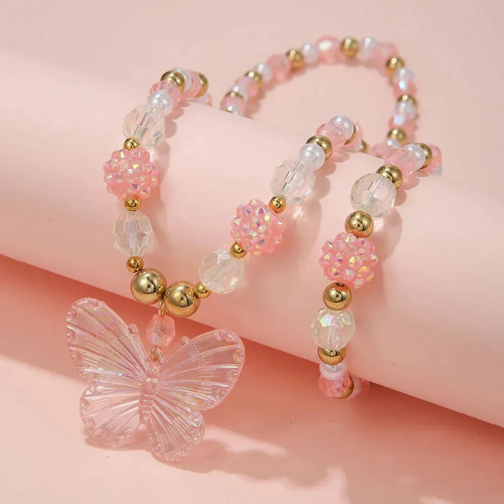 2Pcs/set Pink Butterfly Charm Necklace Bracelet Princess Girl Jewelry Set for Daughter Niece Children Best Party Birthday Gifts