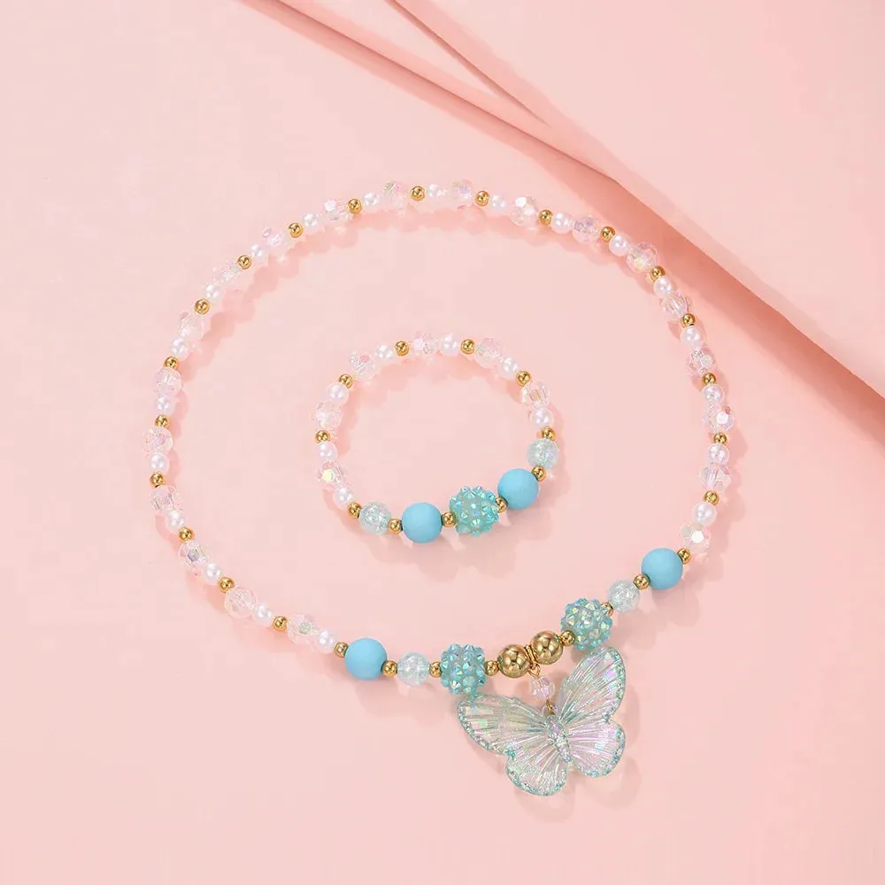 2Pcs/set Pink Butterfly Charm Necklace Bracelet Princess Girl Jewelry Set for Daughter Niece Children Best Party Birthday Gifts