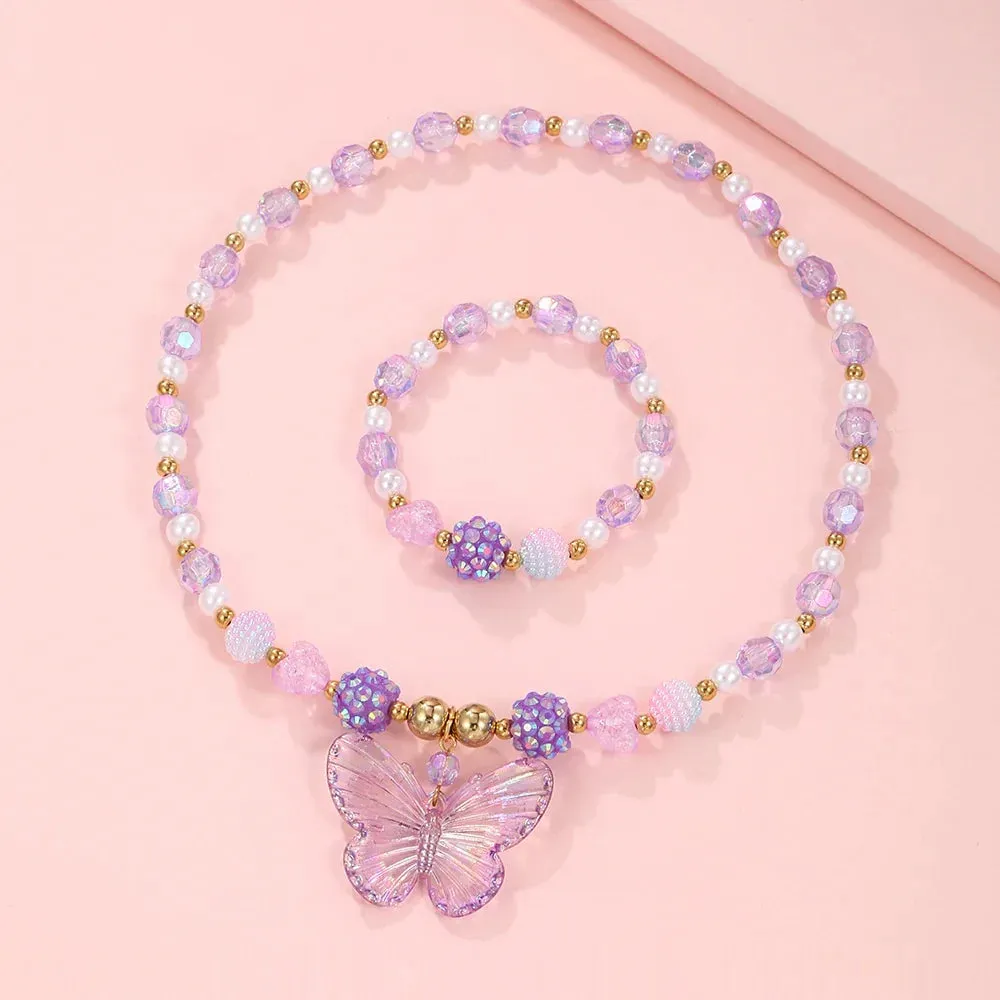2Pcs/set Pink Butterfly Charm Necklace Bracelet Princess Girl Jewelry Set for Daughter Niece Children Best Party Birthday Gifts