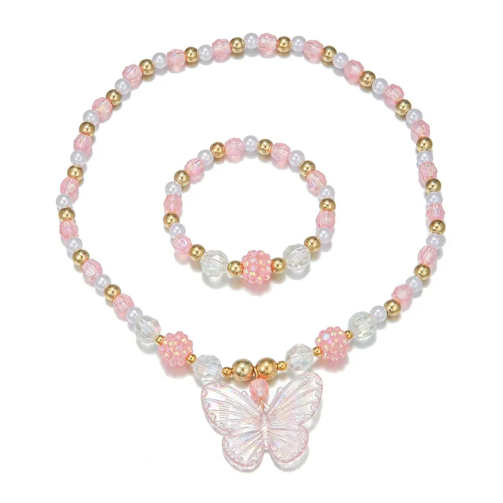 2Pcs/set Pink Butterfly Charm Necklace Bracelet Princess Girl Jewelry Set for Daughter Niece Children Best Party Birthday Gifts