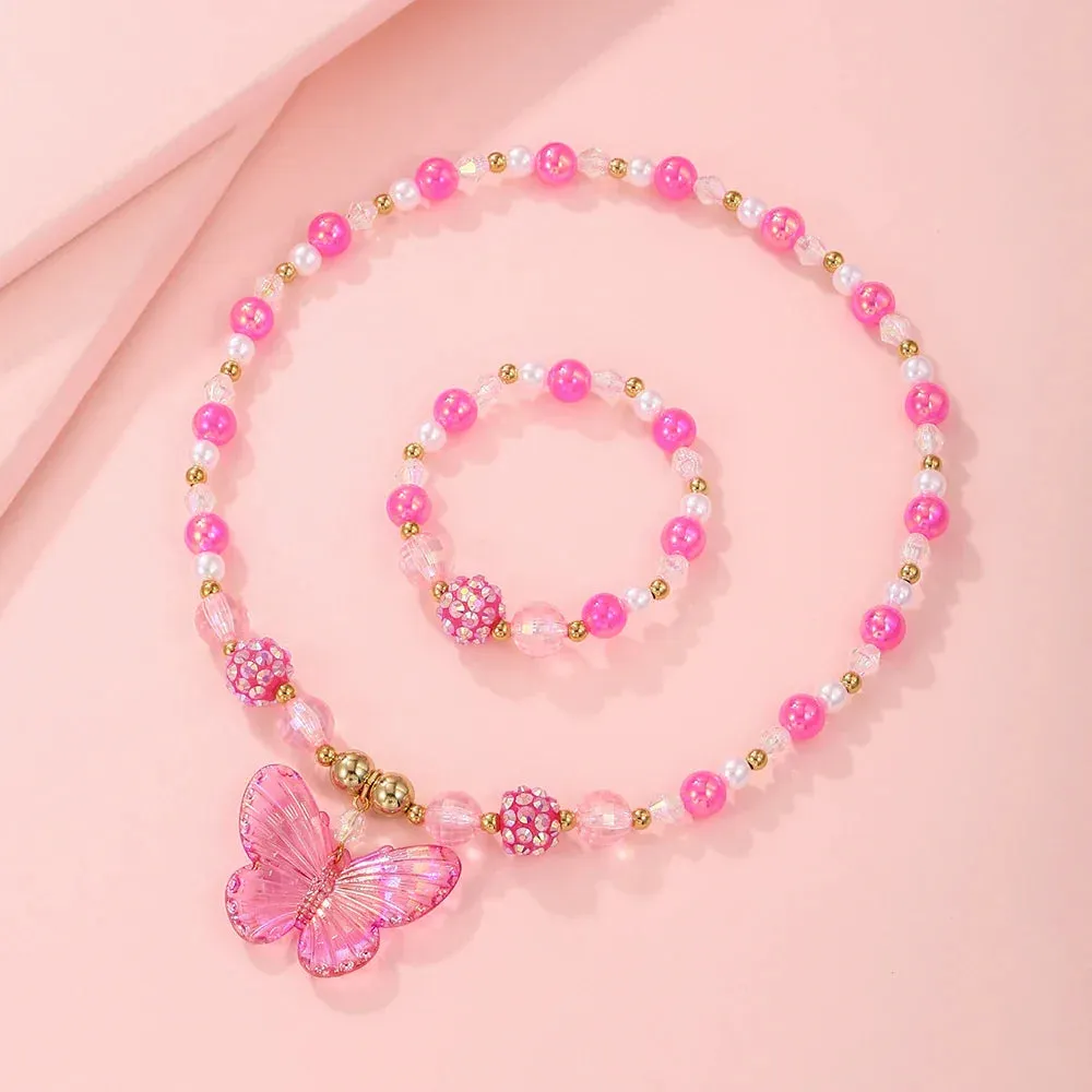 2Pcs/set Pink Butterfly Charm Necklace Bracelet Princess Girl Jewelry Set for Daughter Niece Children Best Party Birthday Gifts