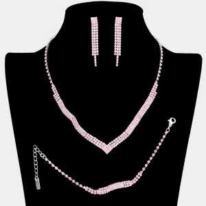 3 Piece Pink Crystal Rhinestone Fringe Necklace Set | Homecoming Jewelry |  601829