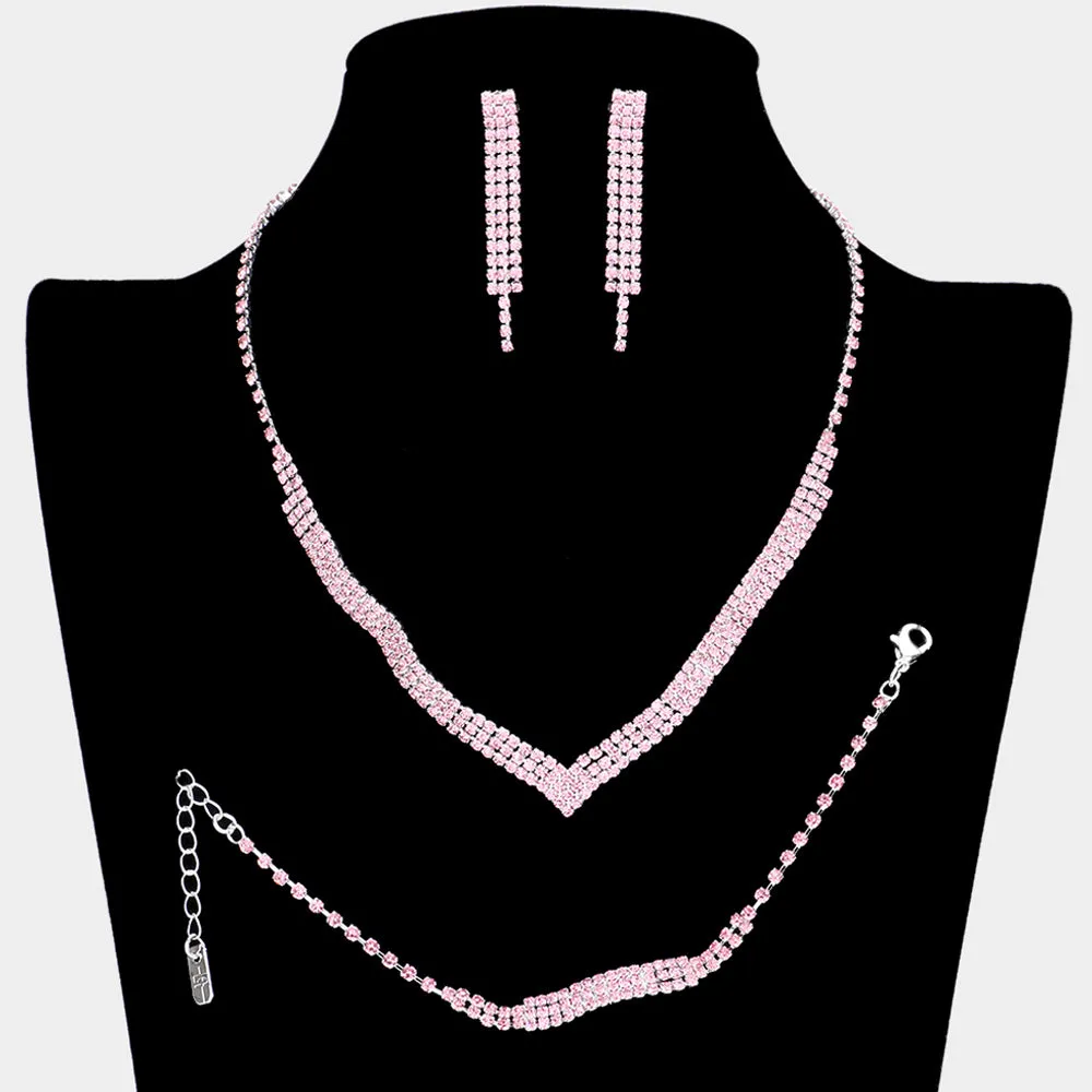 3 Piece Pink Crystal Rhinestone Fringe Necklace Set | Homecoming Jewelry |  601829