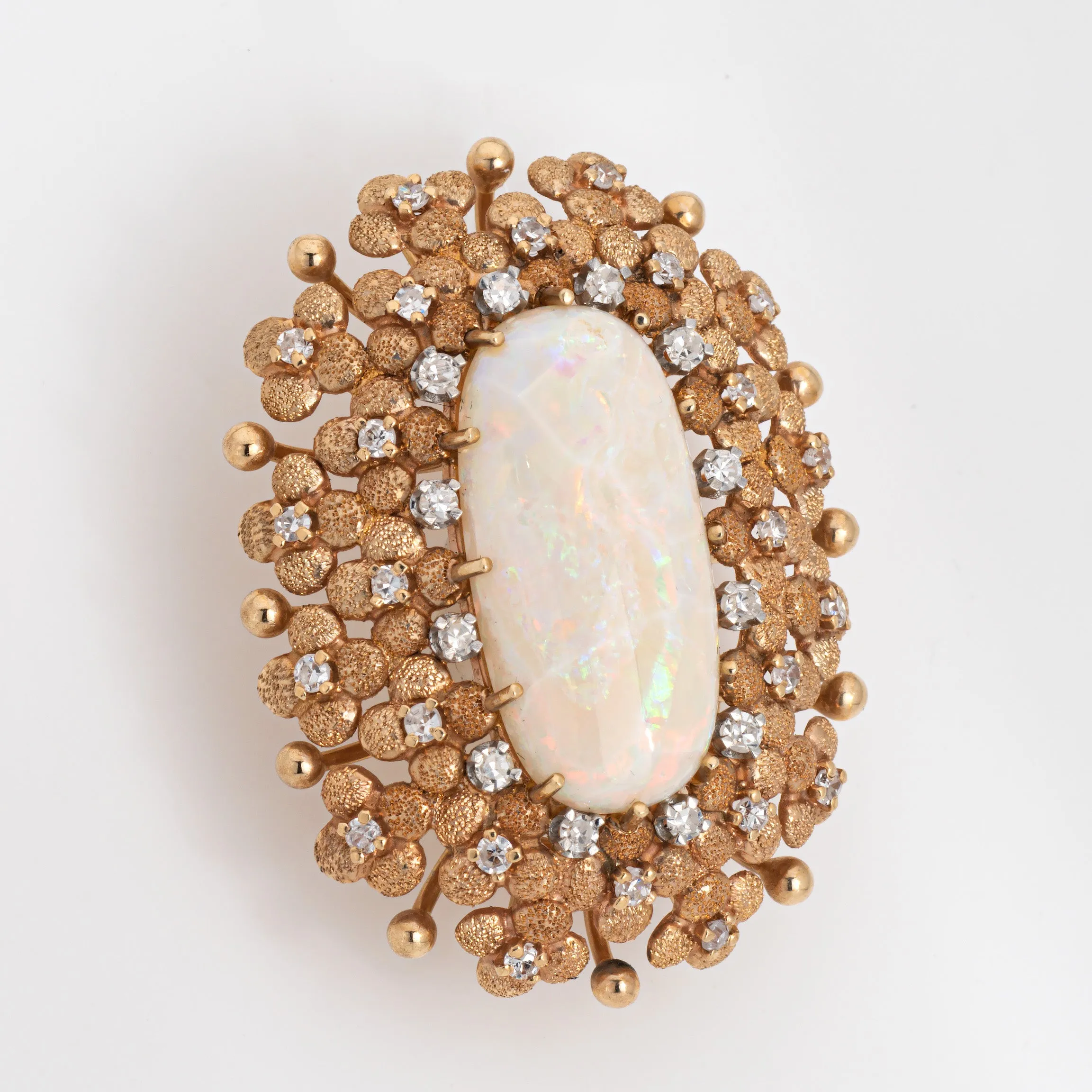 60s Vintage Opal Diamond Brooch Pin Large Oval Statement Fine Jewelry