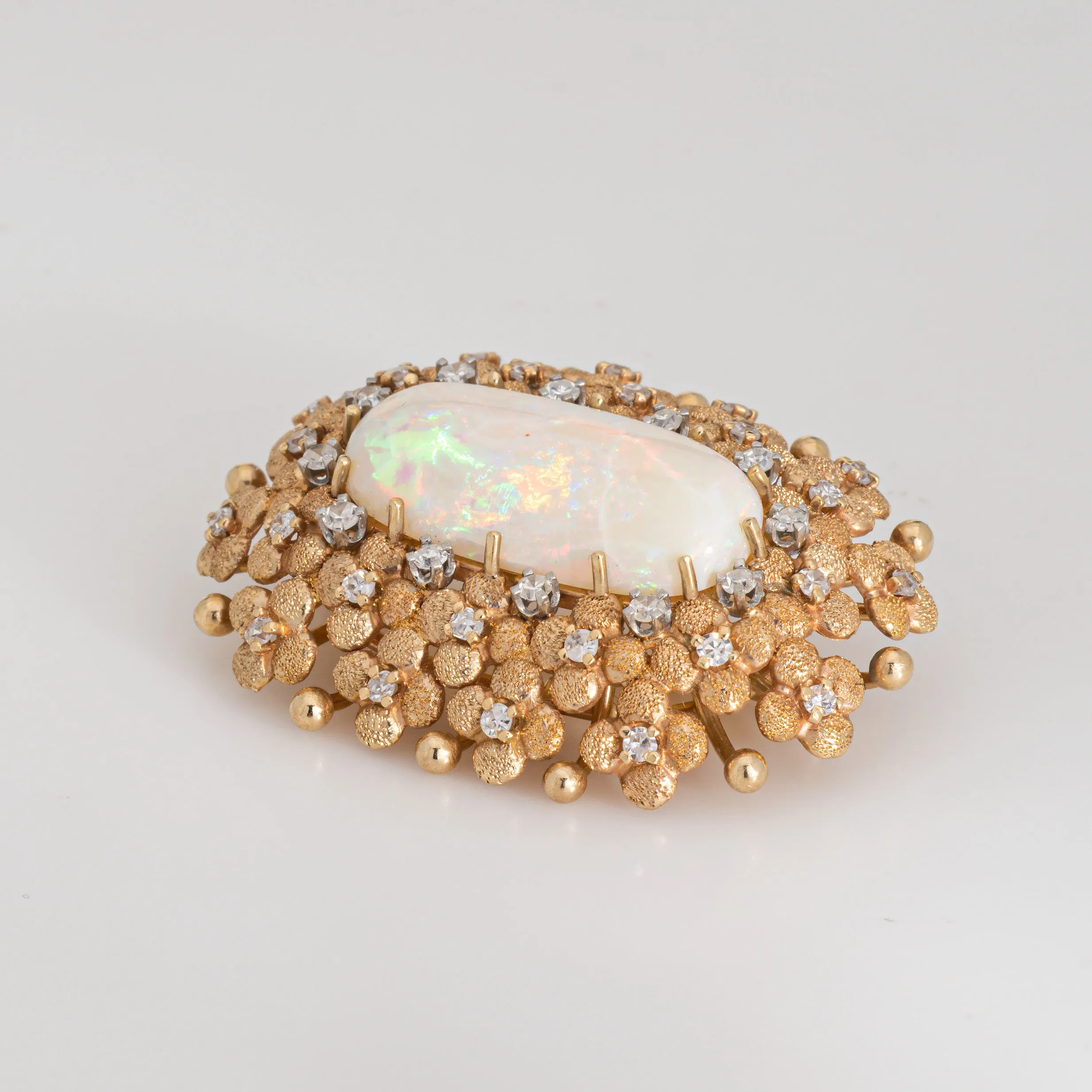 60s Vintage Opal Diamond Brooch Pin Large Oval Statement Fine Jewelry