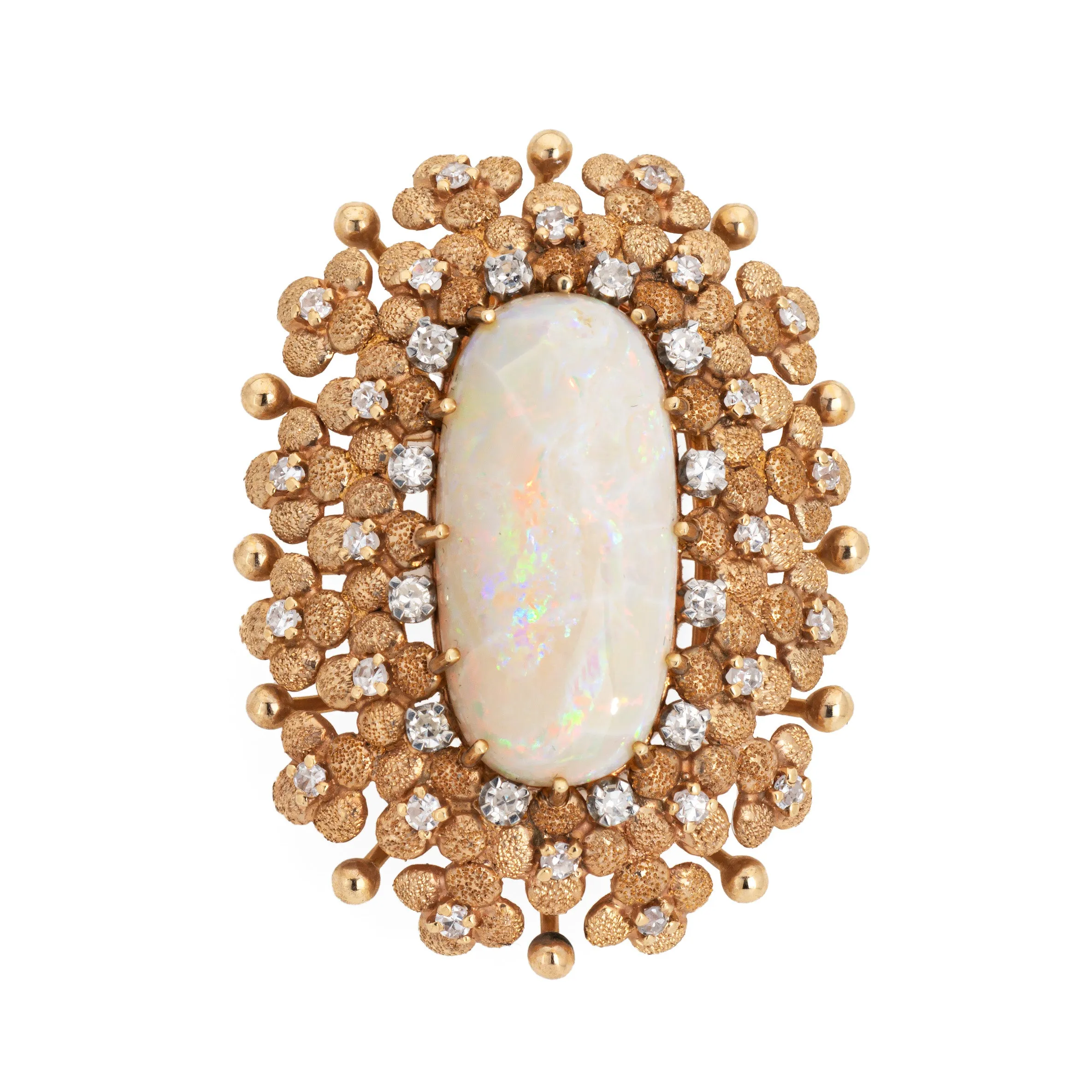 60s Vintage Opal Diamond Brooch Pin Large Oval Statement Fine Jewelry