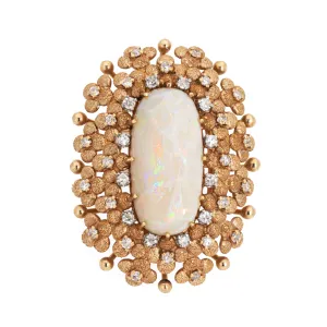 60s Vintage Opal Diamond Brooch Pin Large Oval Statement Fine Jewelry