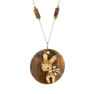 70s Tigers Eye Rabbit Medallion Necklace Vintage 14k Yellow Gold Animal Jewelry