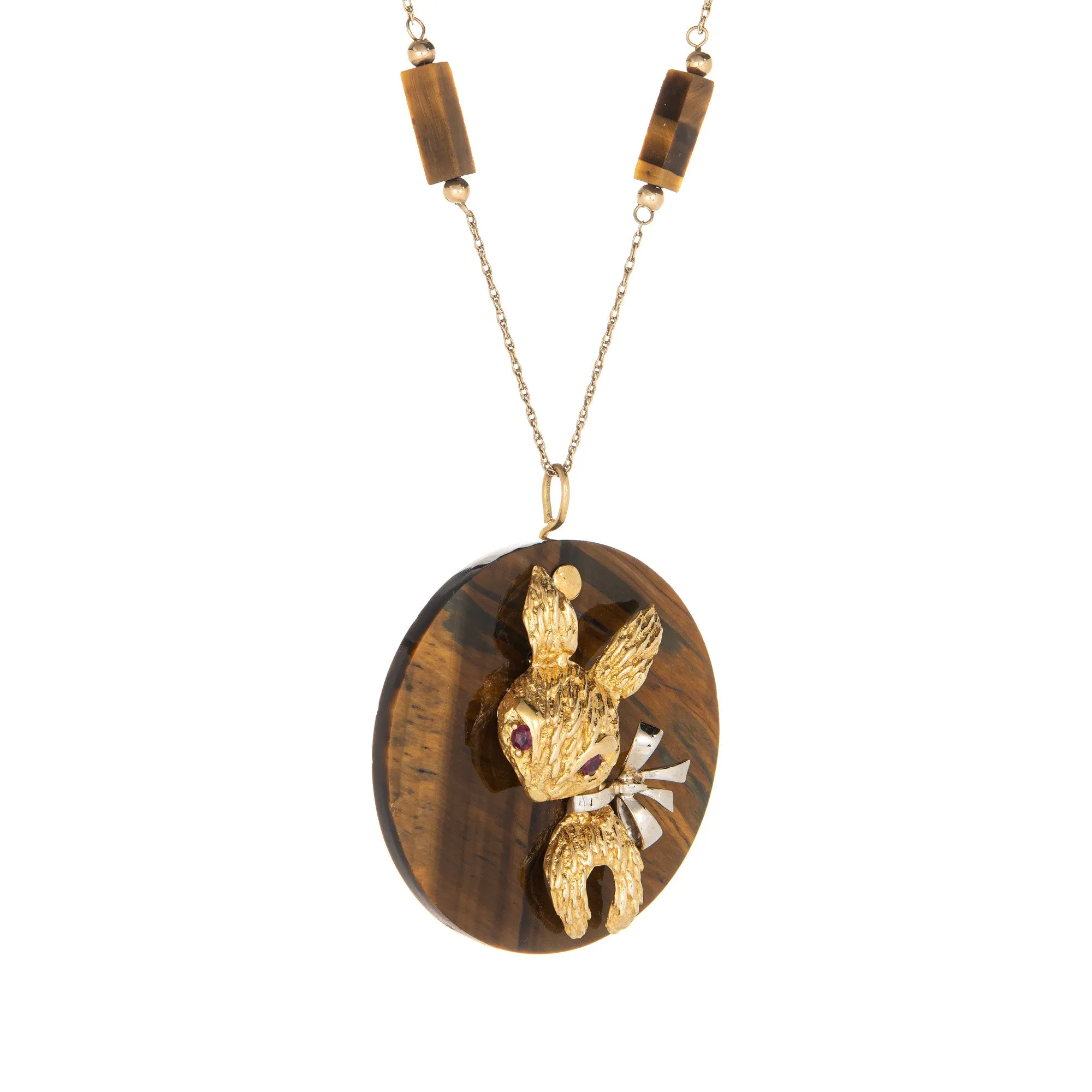 70s Tigers Eye Rabbit Medallion Necklace Vintage 14k Yellow Gold Animal Jewelry