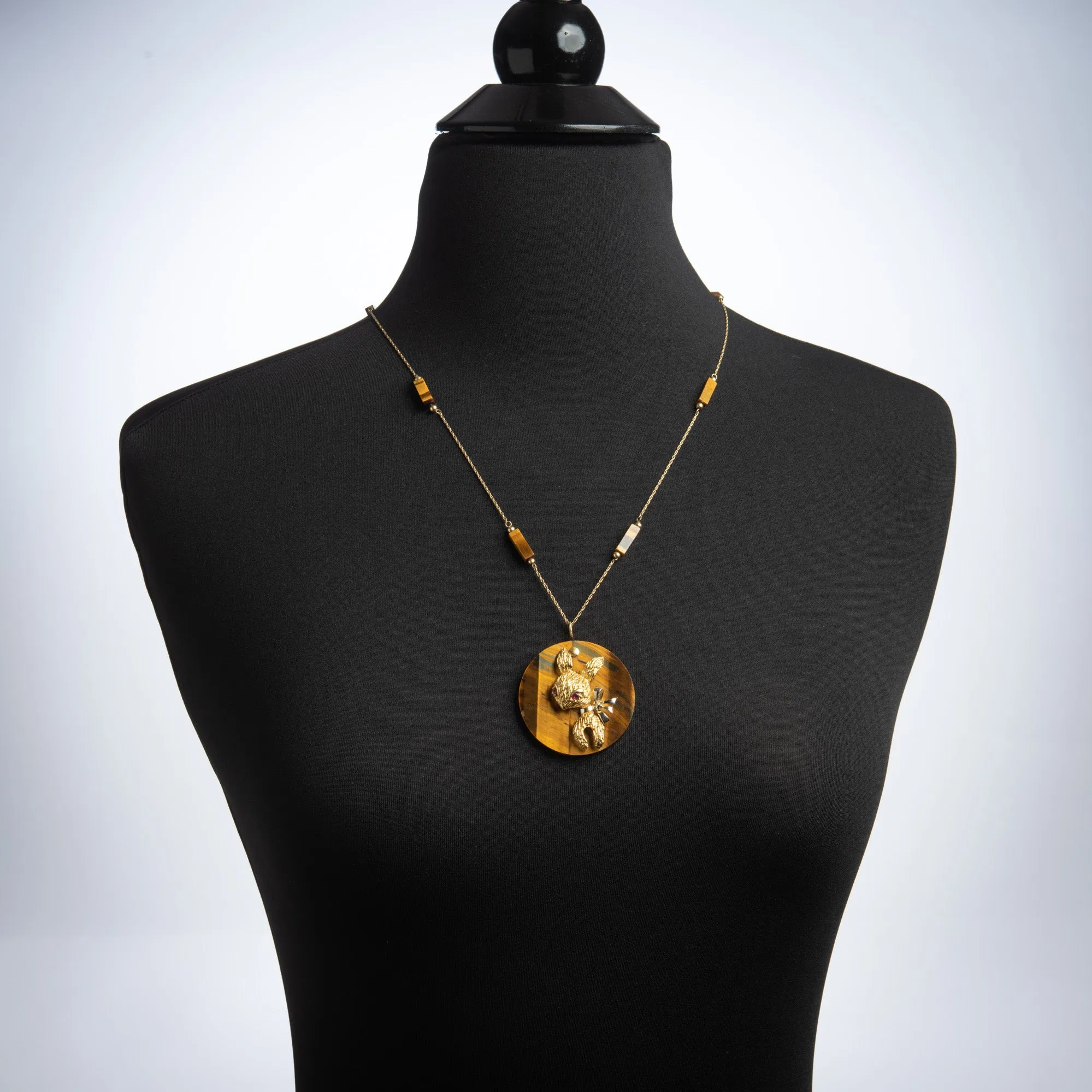 70s Tigers Eye Rabbit Medallion Necklace Vintage 14k Yellow Gold Animal Jewelry