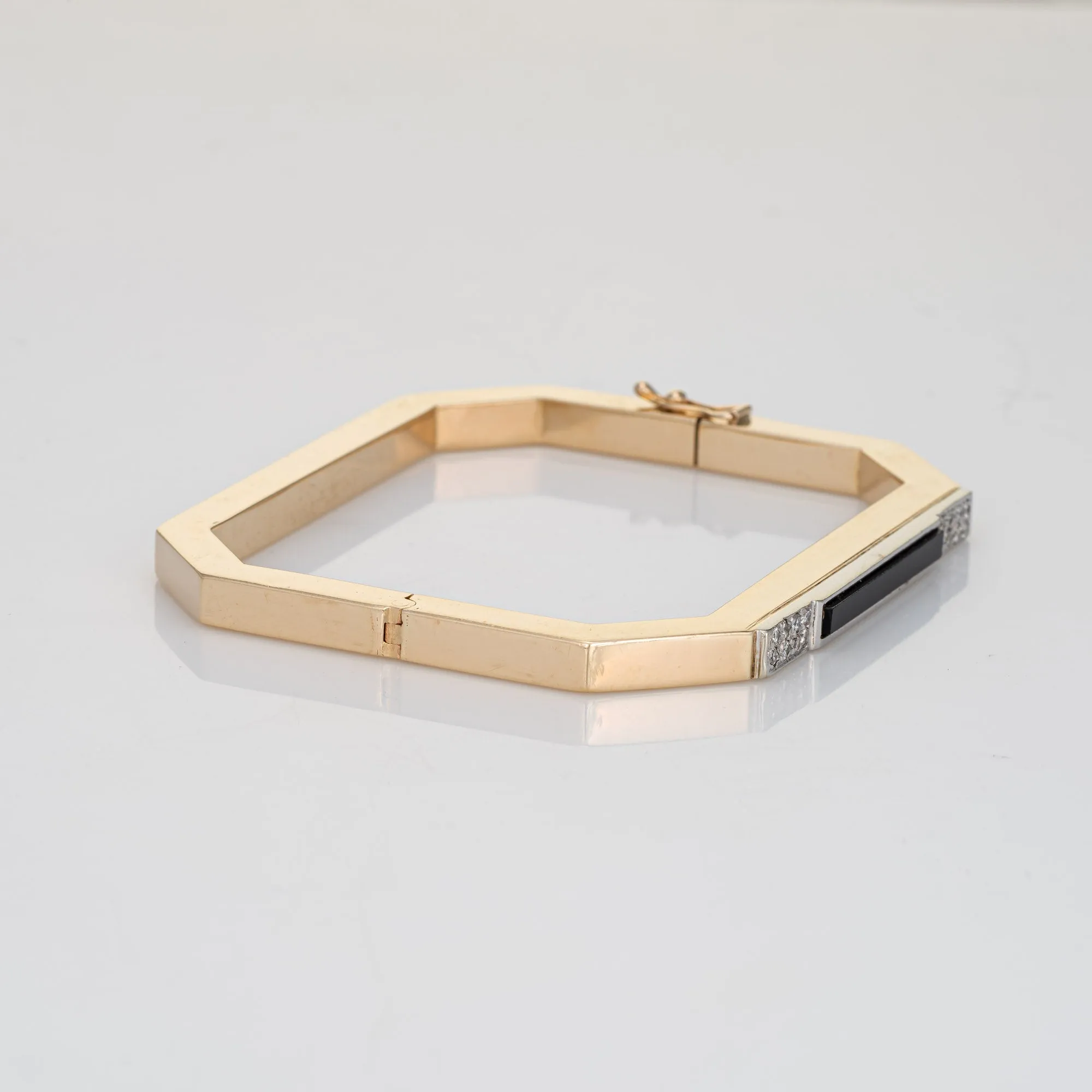 70s Vintage Square Bangle Bracelet 14k Yellow Gold Onyx Diamond Estate Jewelry