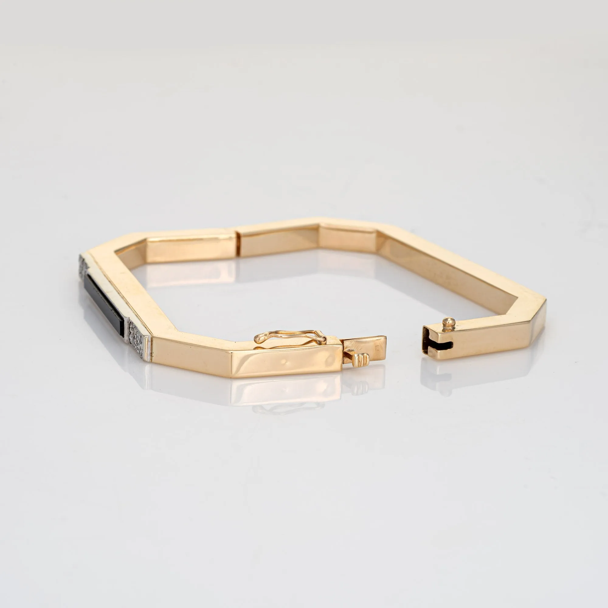 70s Vintage Square Bangle Bracelet 14k Yellow Gold Onyx Diamond Estate Jewelry
