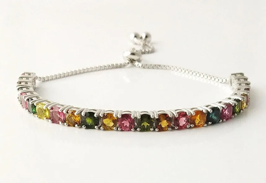 925 Sterling Silver Multistone Bracelet Unique Round Shaped Multi Tourmaline Wedding Bracelet