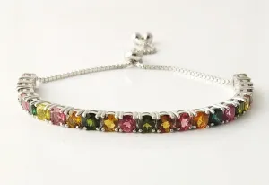925 Sterling Silver Multistone Bracelet Unique Round Shaped Multi Tourmaline Wedding Bracelet