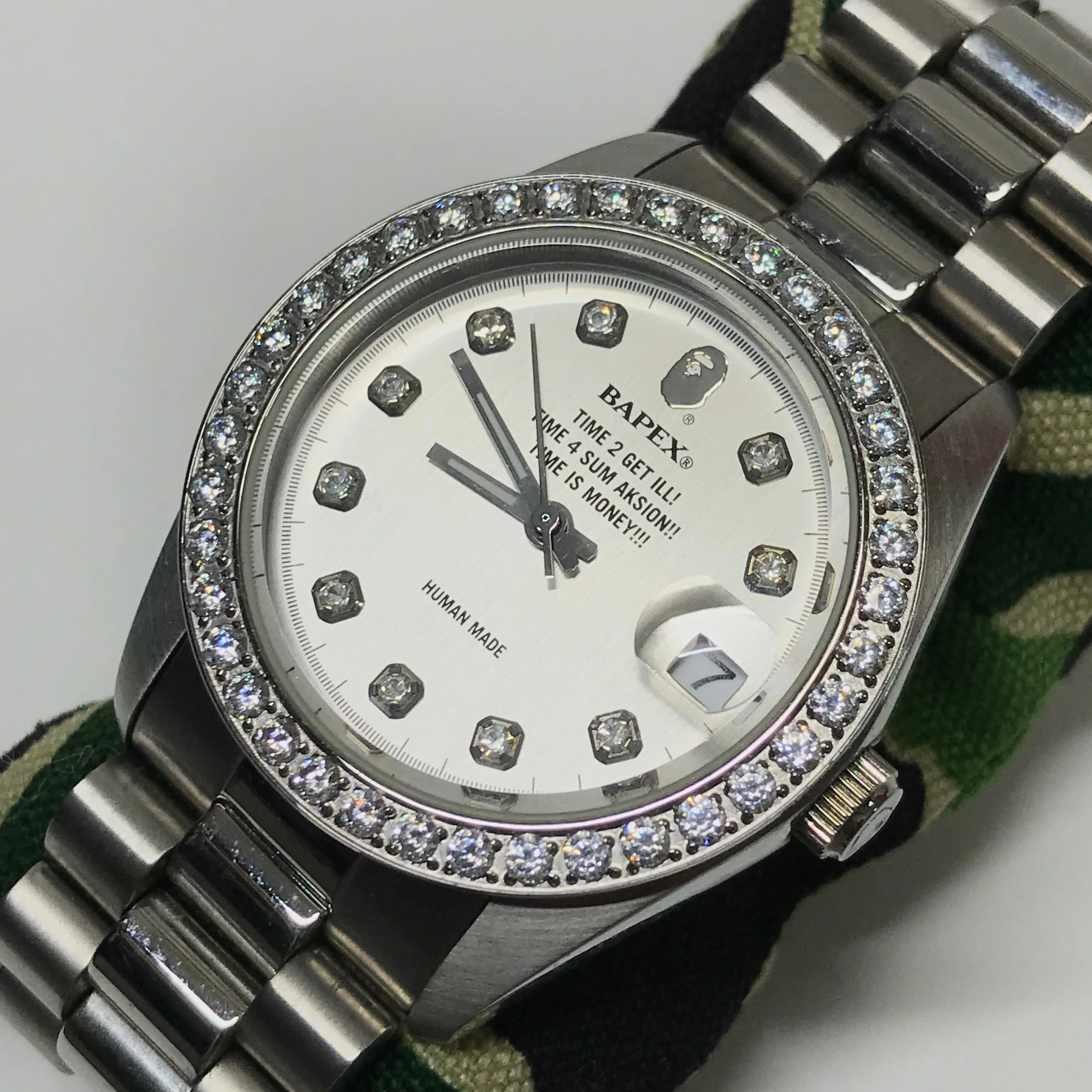 A Bathing Ape Bape Swarovski Crystal Automatic Bapex 'Datejust' Watch Silver