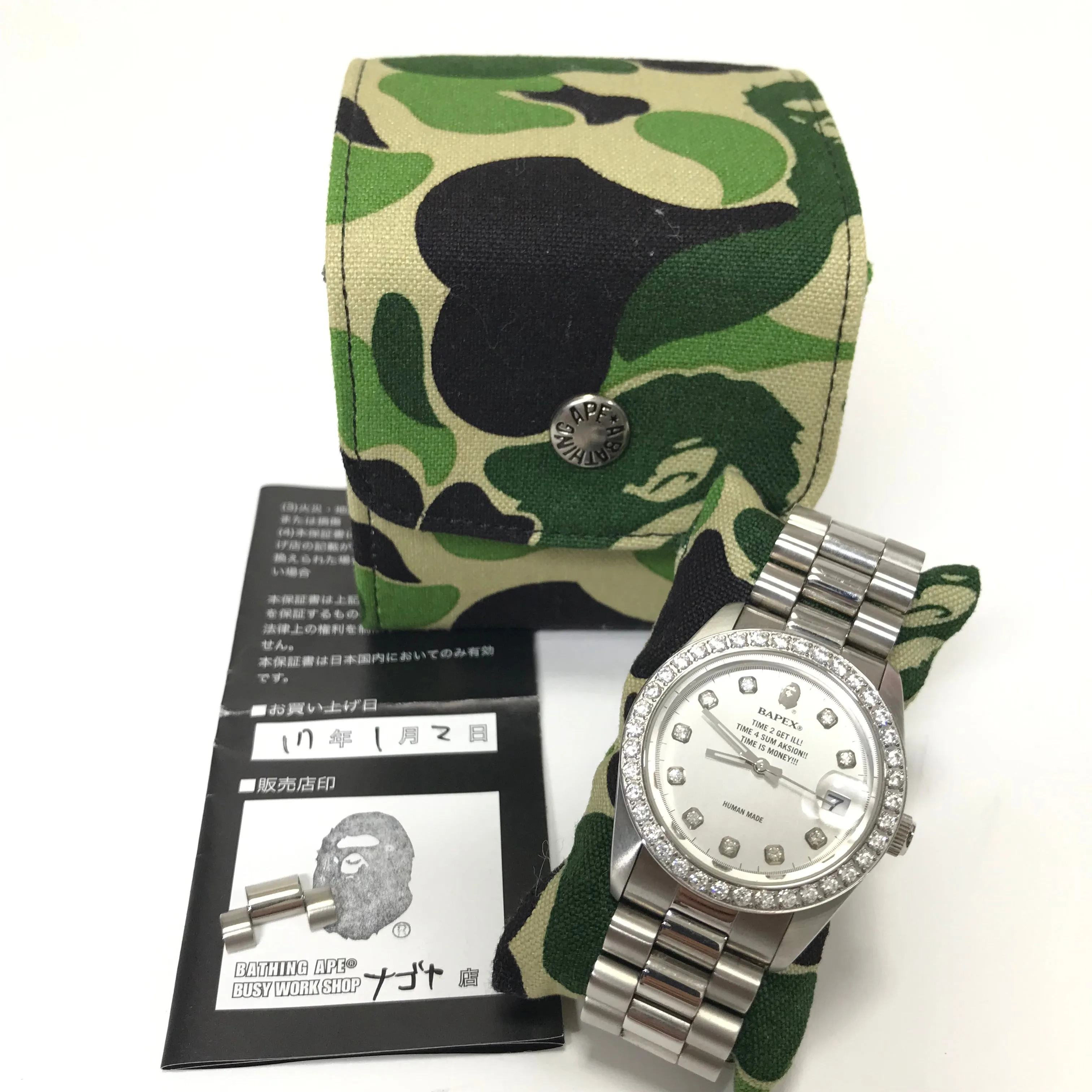 A Bathing Ape Bape Swarovski Crystal Automatic Bapex 'Datejust' Watch Silver