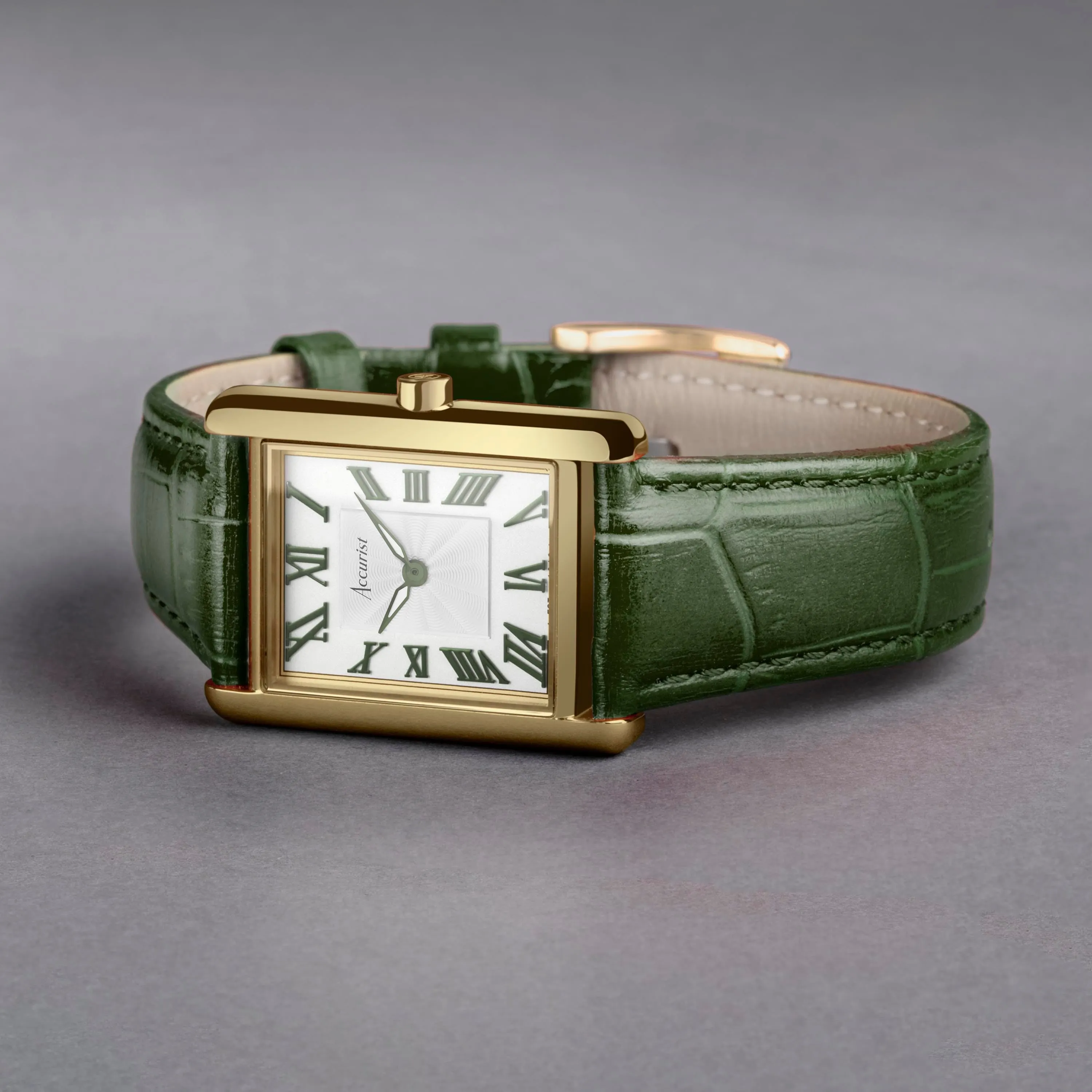 Accurist Rectangle Ladies Watch | Gold Case & Green Leather Strap with White Dial | 26mm