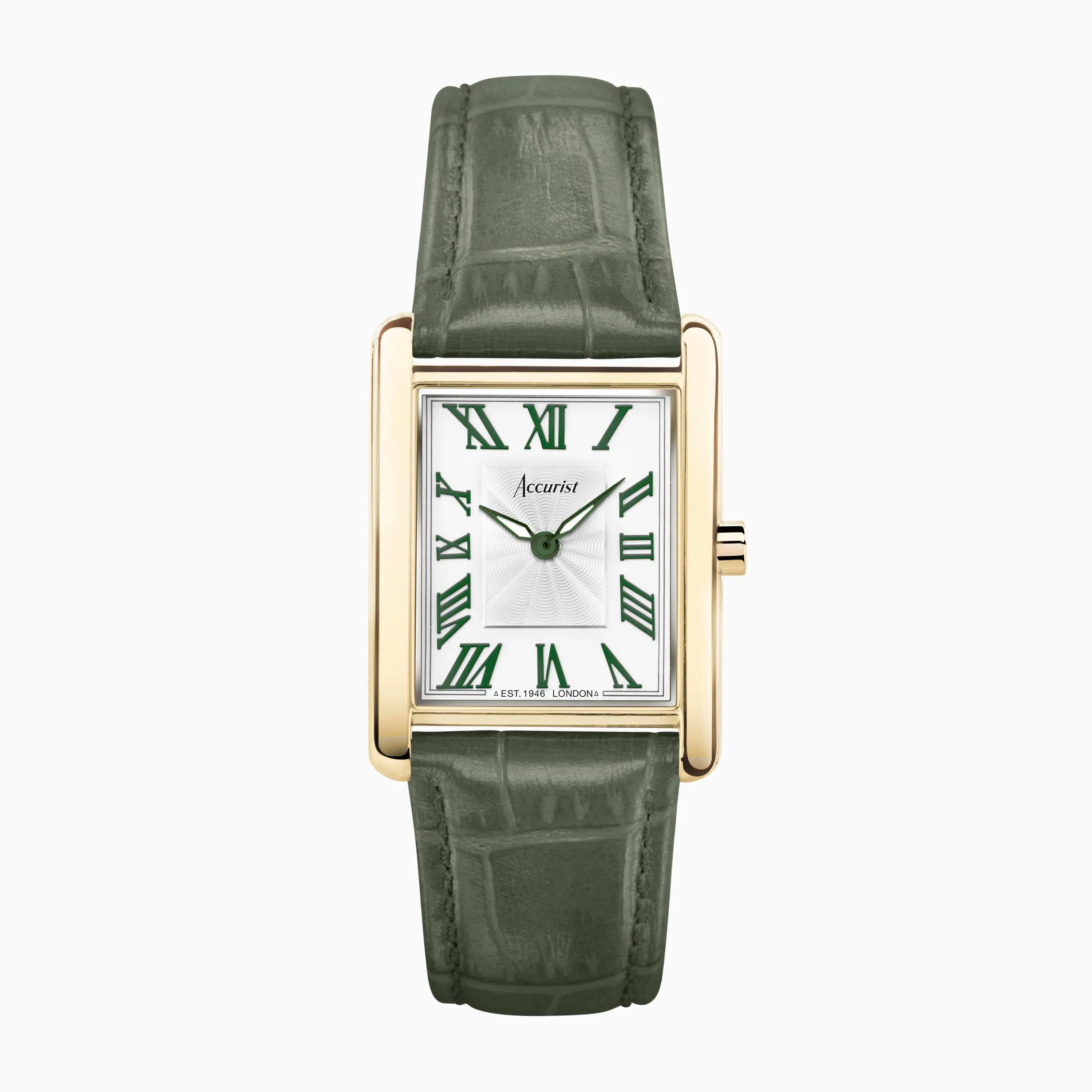 Accurist Rectangle Ladies Watch | Gold Case & Green Leather Strap with White Dial | 26mm