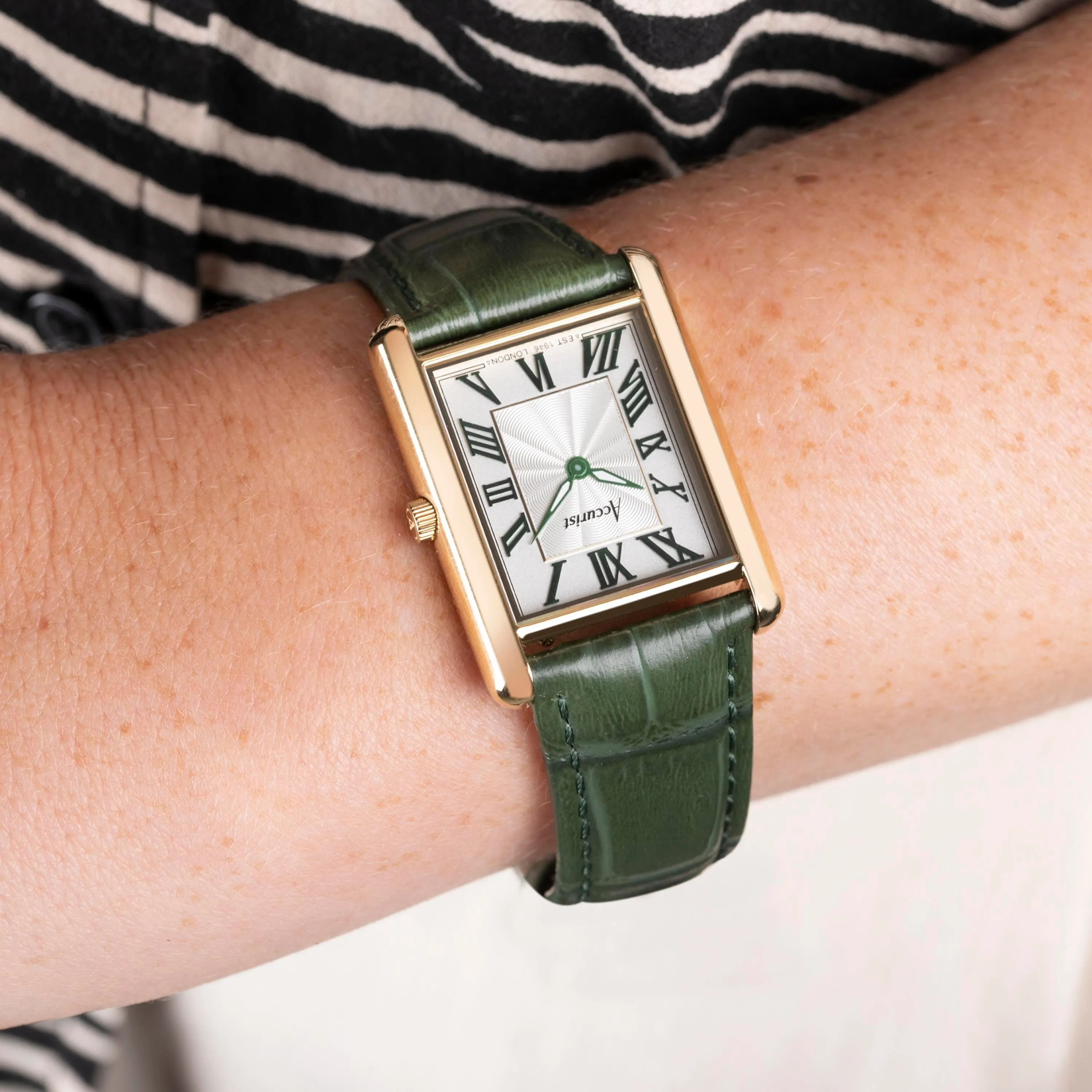 Accurist Rectangle Ladies Watch | Gold Case & Green Leather Strap with White Dial | 26mm