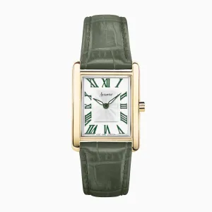 Accurist Rectangle Ladies Watch | Gold Case & Green Leather Strap with White Dial | 26mm