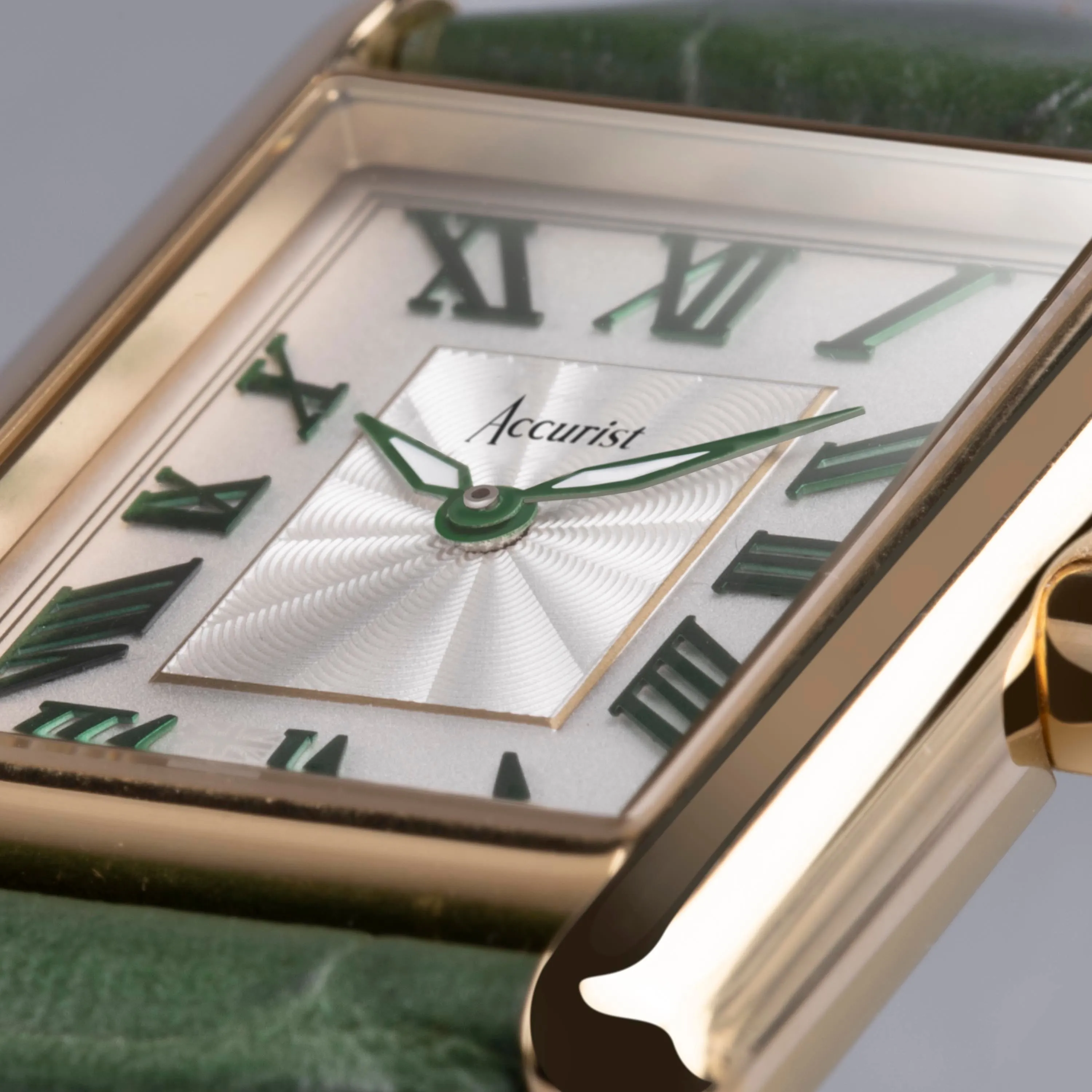 Accurist Rectangle Ladies Watch | Gold Case & Green Leather Strap with White Dial | 26mm