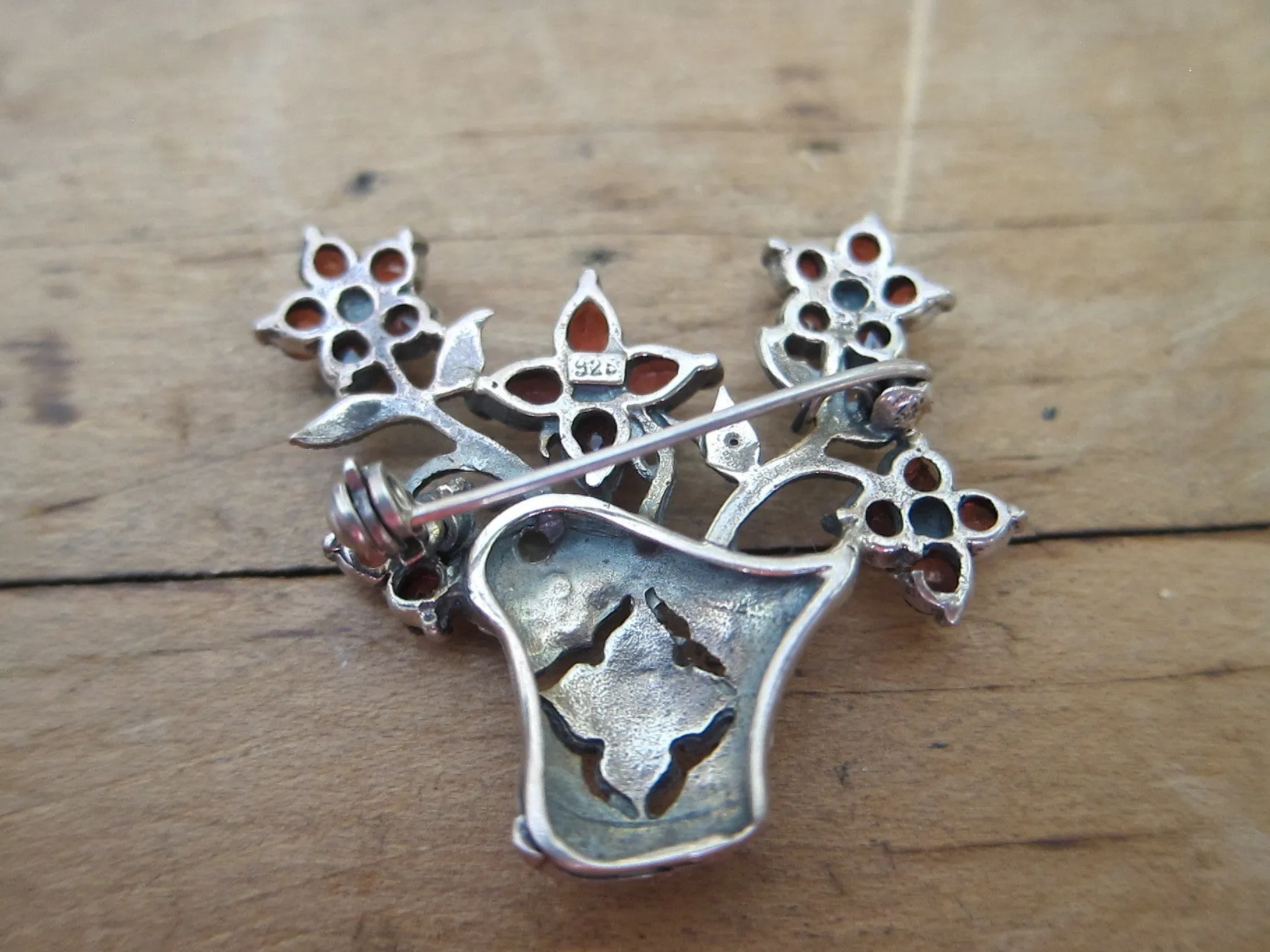 Antique Sterling Silver 925 Garnet Flower Brooch