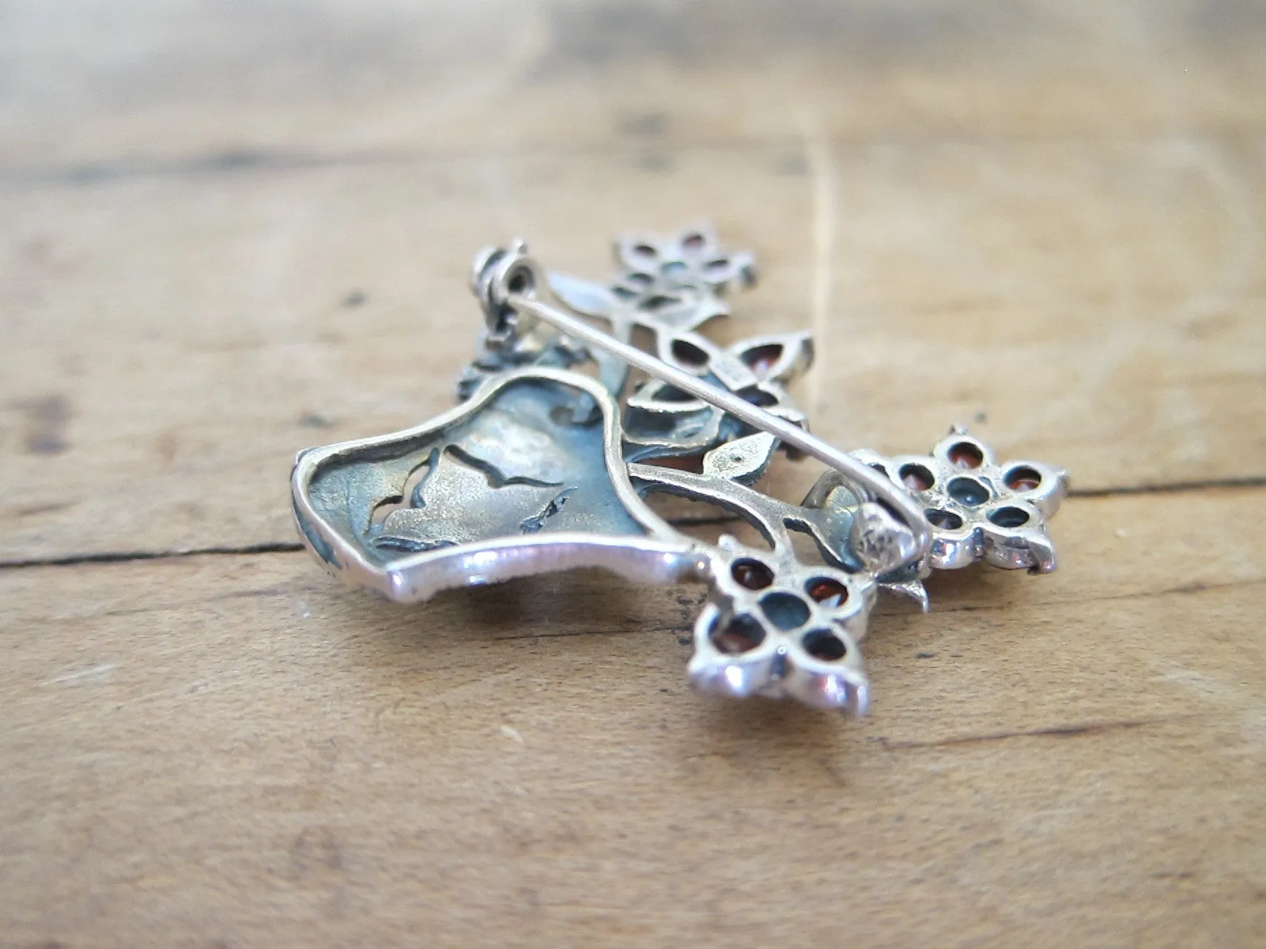 Antique Sterling Silver 925 Garnet Flower Brooch