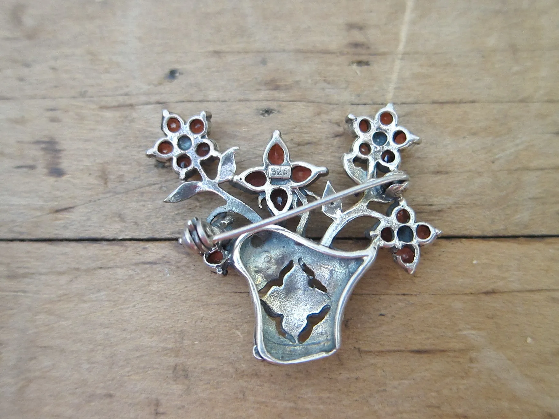 Antique Sterling Silver 925 Garnet Flower Brooch