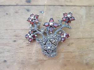 Antique Sterling Silver 925 Garnet Flower Brooch