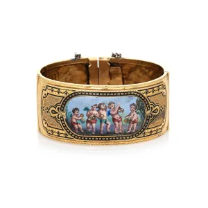 Antique Victorian Cherub Cupid Bracelet Enamel 14k Yellow Gold 6.5" Fine Jewelry